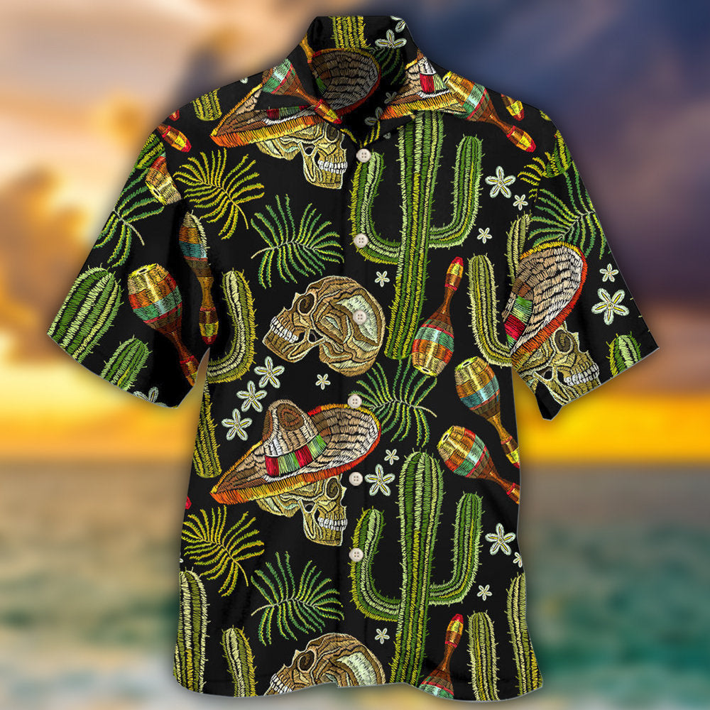 Black Skull And Mexican American Heritage Hawaiian Shirt For Tropical Escapes Resort Wear And Outdoor And Resort Style