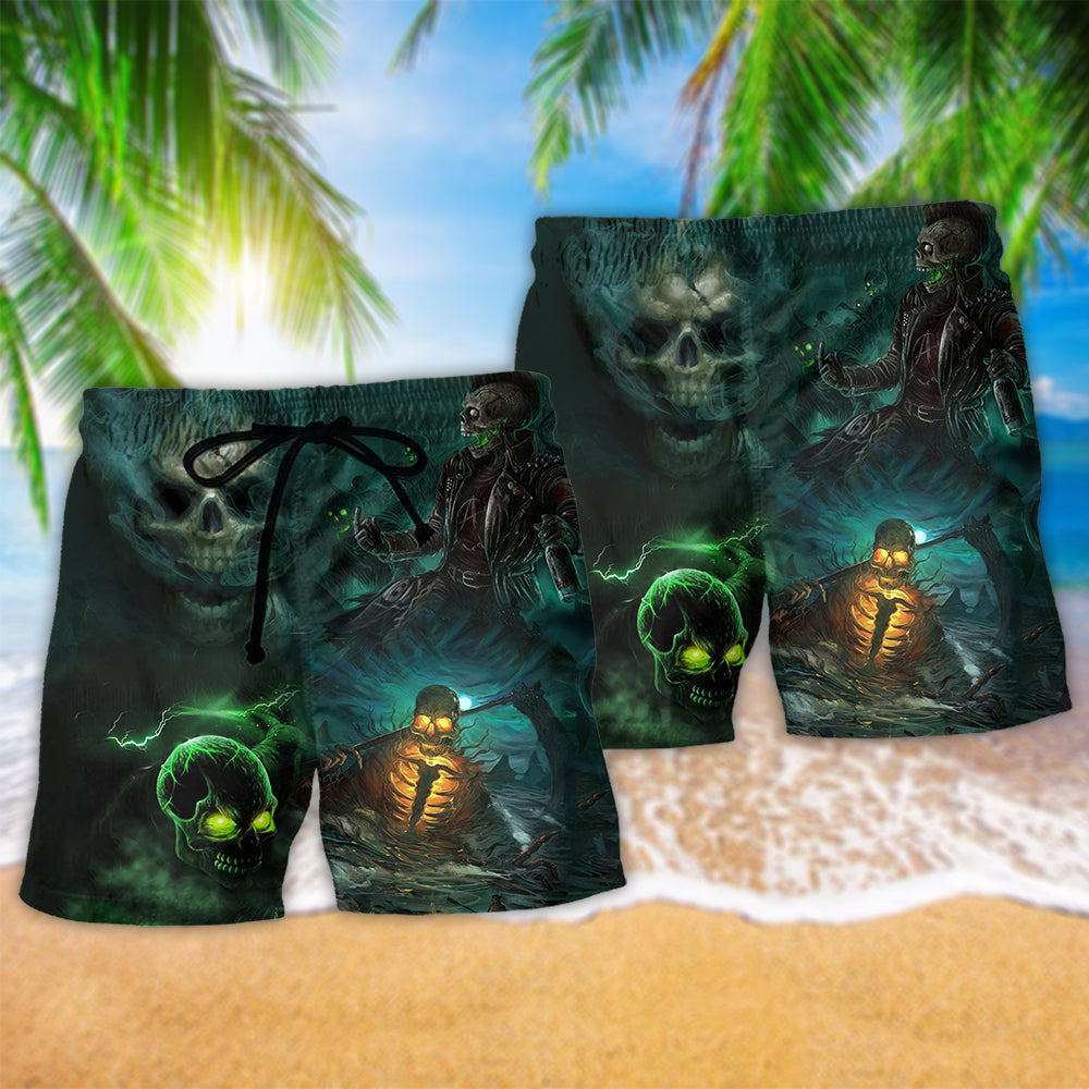 Skull Pain Dark Beach Shorts Pattern Detail For Cruise Vacations And Lightweight Summer Style
