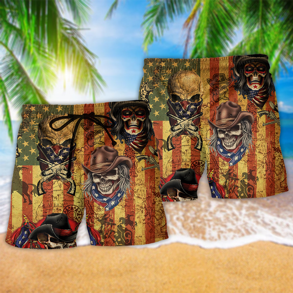 Patriotic Cowboy Skull American Beach Shorts Pattern Detail For Coastal Leisure And Comfortable Daily Wear