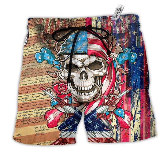 Skull Patriotic Flower America Hawaiian Print Beach Shorts For American Pride Beach Days