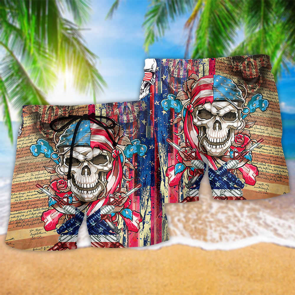 Patriotic Skull Floral America Beach Shorts Pattern Detail For Island Trips And Distinctive Seasonal Style