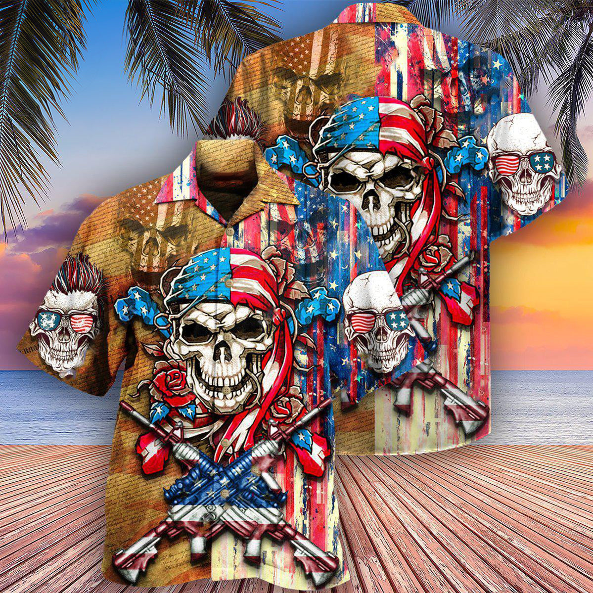 Patriotic Floral Skull Hawaiian Shirt With All Over Print For Coastal Vacations Warm Weather Events And Daily Style