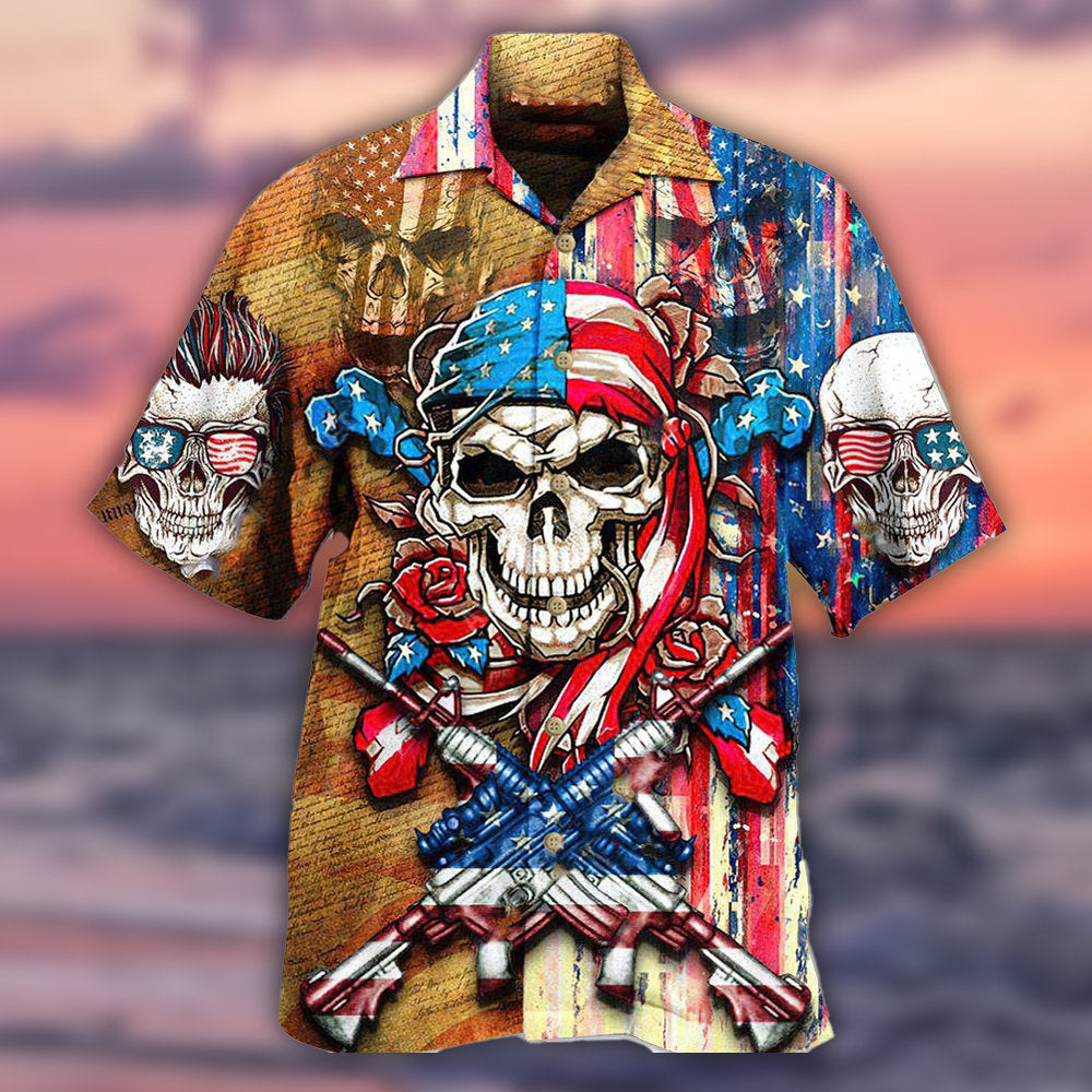 Patriotic Floral Skull Hawaiian Shirt With Detailed Graphic For Coastal Vacations Warm Weather Events And Daily Style