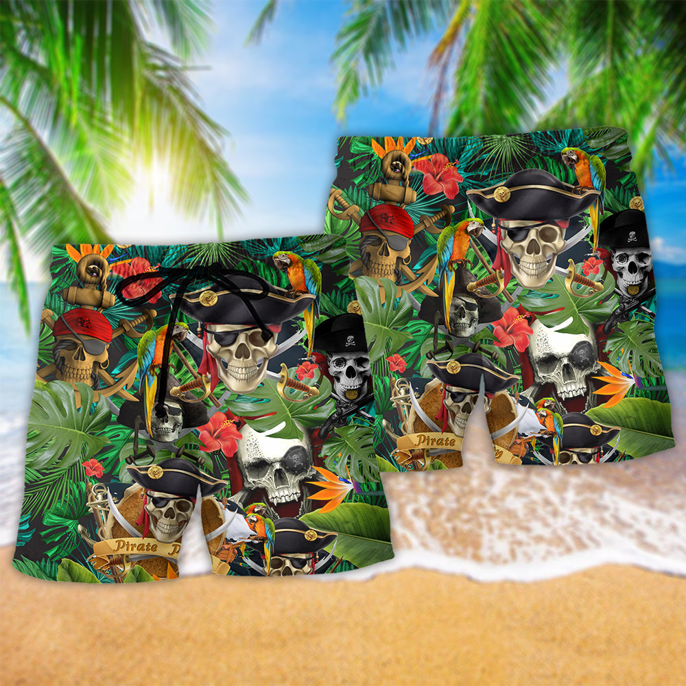 Pirate Skull Tropical Floral Beach Shorts Pattern Detail For Island Trips And Warm Weather Wardrobe