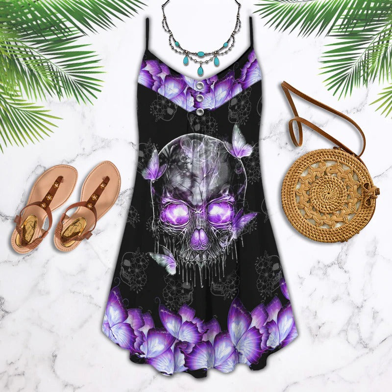 Skull Purple Butterfly V-Neck Sleeveless Cami Dress For Weekend Parties And Distinctive Outfits