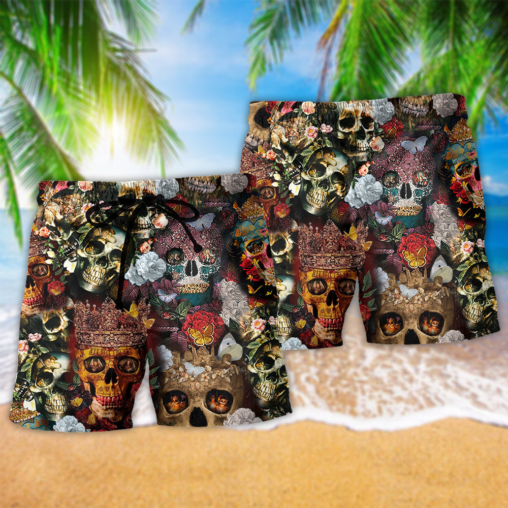 Skull Queen Floral Beach Shorts Pattern Detail For Coastal Leisure And Comfortable Daily Wear