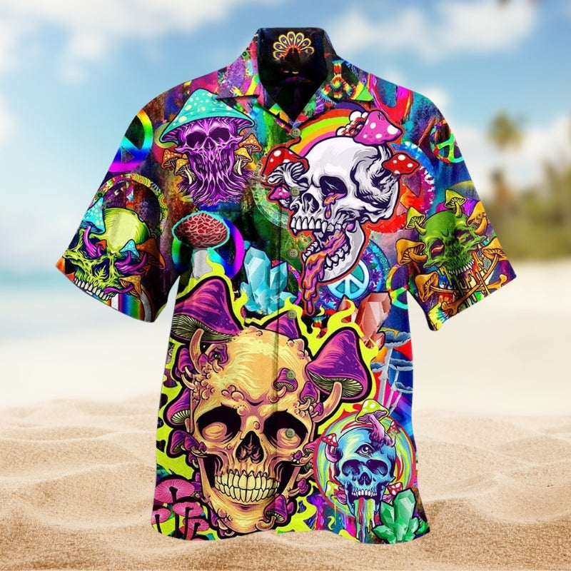 Rebellious Skull Design Hawaiian Shirt For Summer Vacation, Beach Travel, And Casual Wear