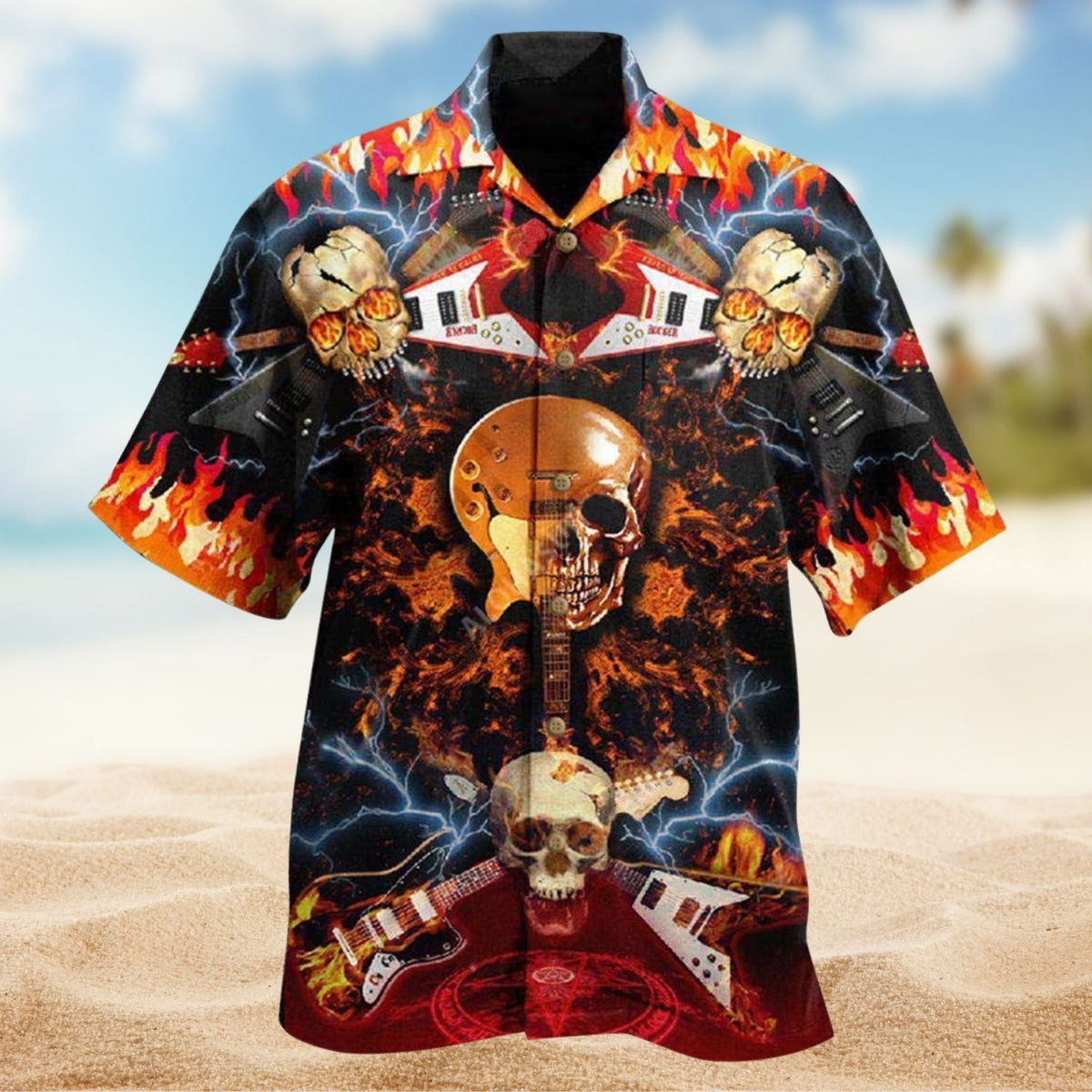 Skull Rock Roll Hawaiian Shirt For Summer Vacation, Beach Travel, And Casual Wear