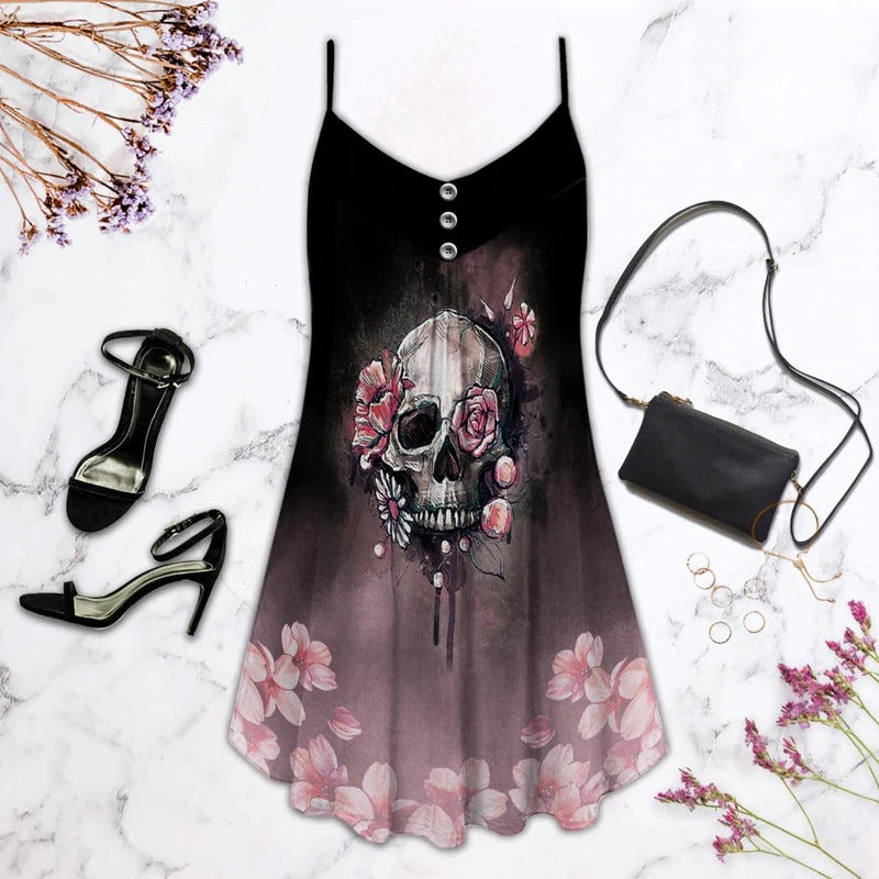 Skull Rose Dark Blur V-Neck Sleeveless Cami Dress For Travel And Expressive Warm Weather Fashion