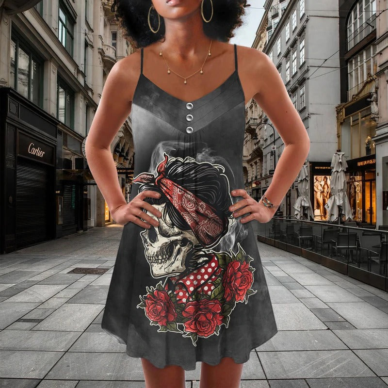 Skull Rose Blur Dark V-Neck Sleeveless Cami Dress For Gothic Events And Relaxed Casual Wear