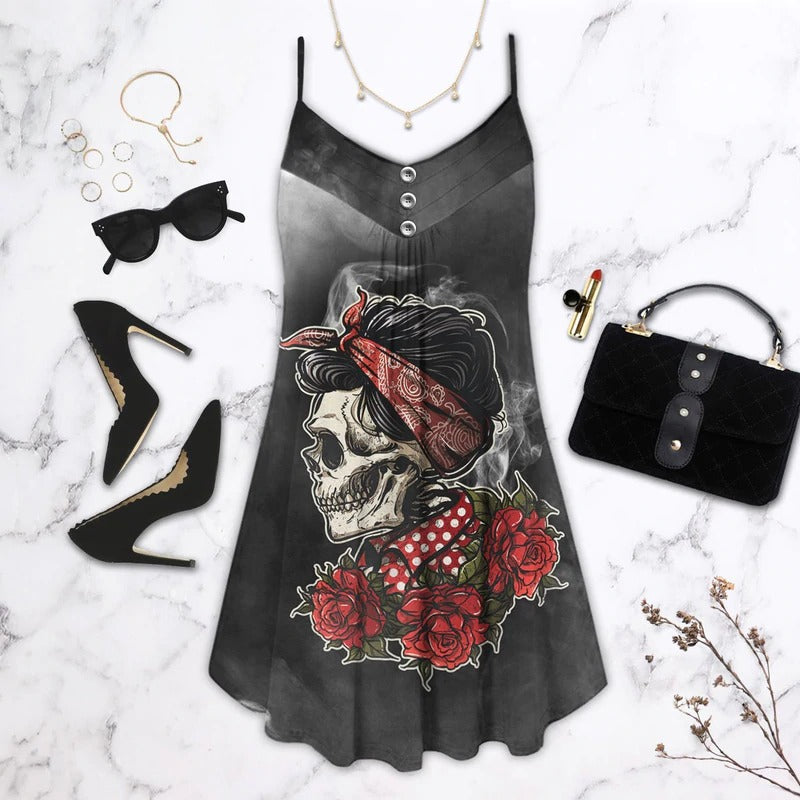Skull Rose Blur Dark V-Neck Sleeveless Cami Dress For Gothic Events And Relaxed Casual Wear