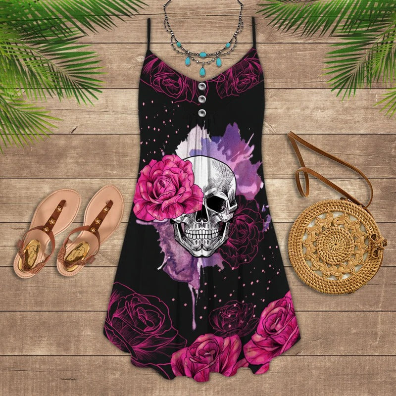 Skull Pink Rose Purple V-Neck Sleeveless Cami Dress For Dark Art Lovers And Thoughtful Gifting