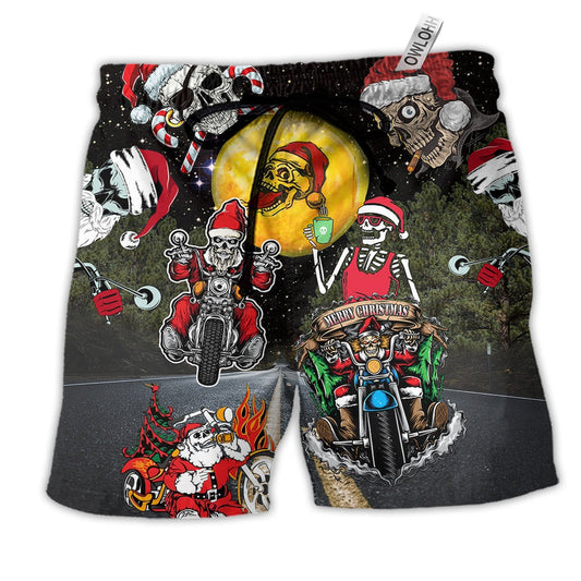 Skull Santa Is Racing To You Hawaiian Print Beach Shorts For Festive Vacation Wear