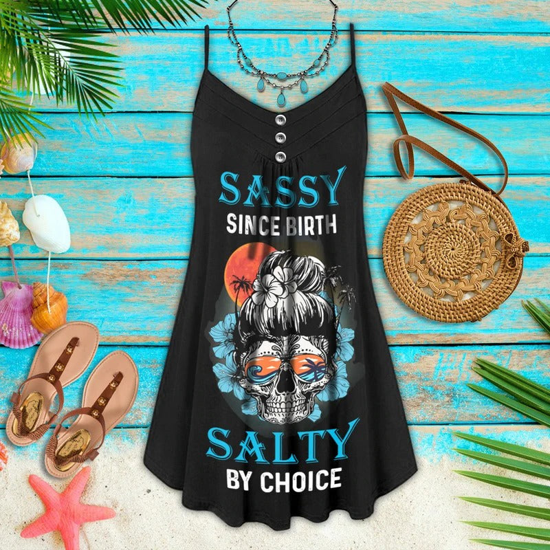 Skull Sassy Skull Salty By Choice V-Neck Sleeveless Cami Dress For Halloween Gatherings And Casual Styling