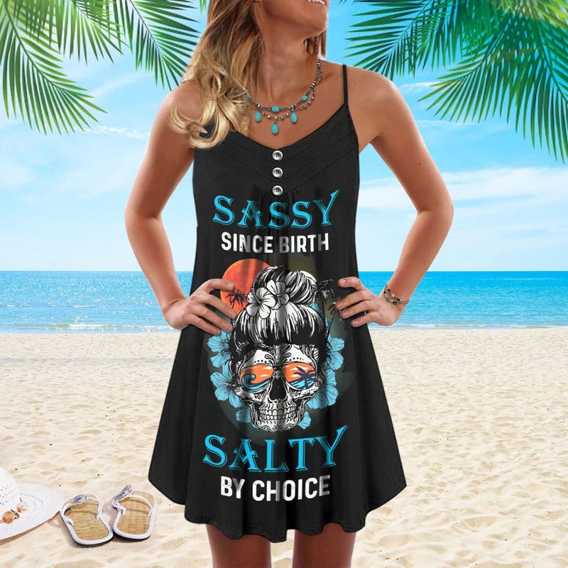 Skull Sassy Skull Salty By Choice V-Neck Sleeveless Cami Dress For Halloween Gatherings And Casual Styling