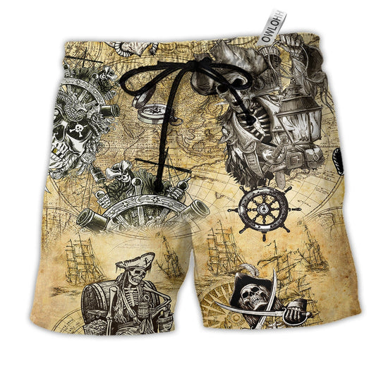 Skull Save A Ship Ride A Pirate Hawaiian Print Beach Shorts For Beach Days And Coastal Travel