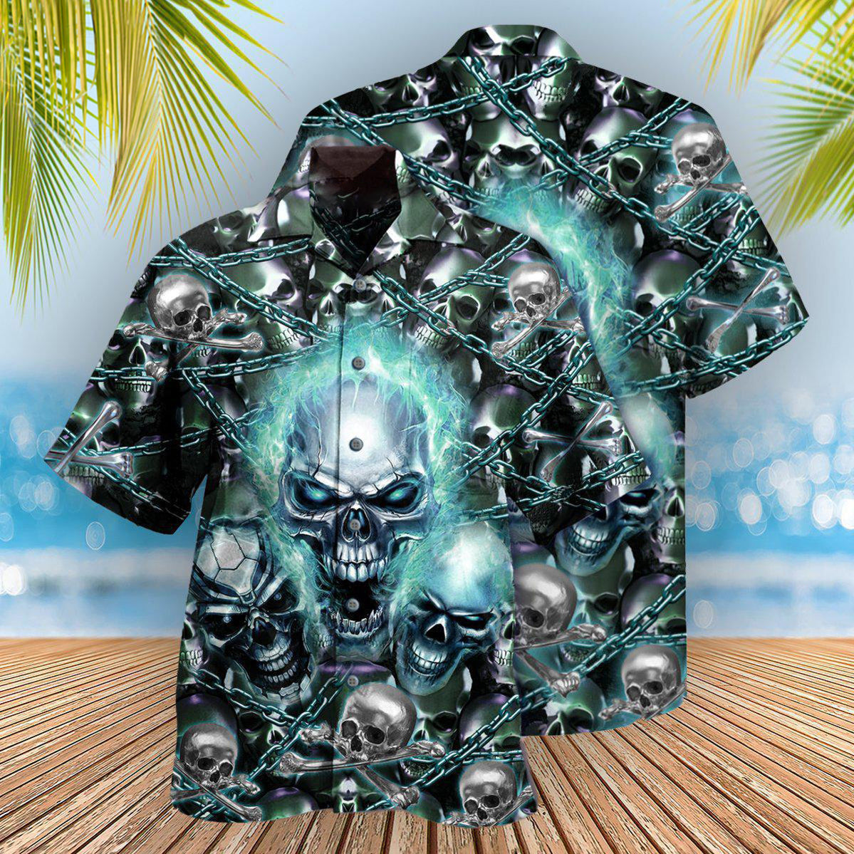 Blue Skull Hawaiian Shirt With All Over Print For Coastal Vacations Warm Weather Events And Daily Style