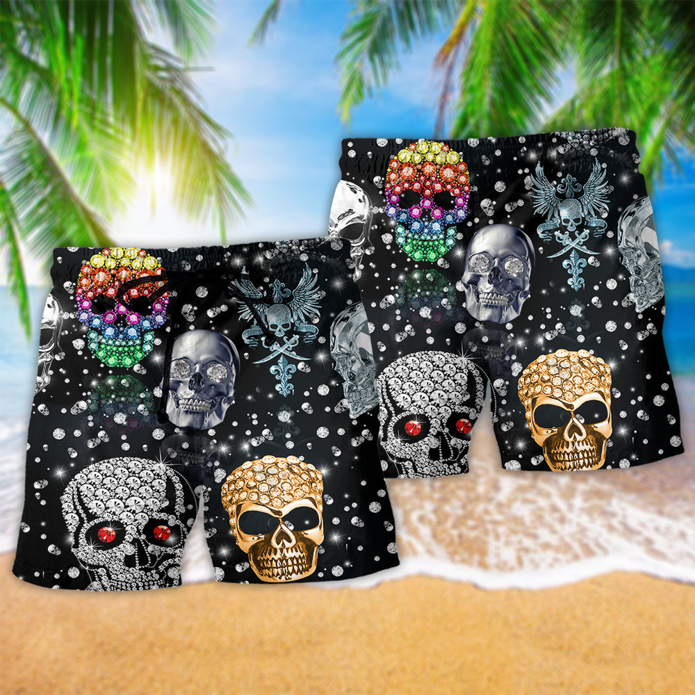 Diamond Skull Shine Beach Shorts Pattern Detail For Coastal Travel And Laid Back Daily Wear
