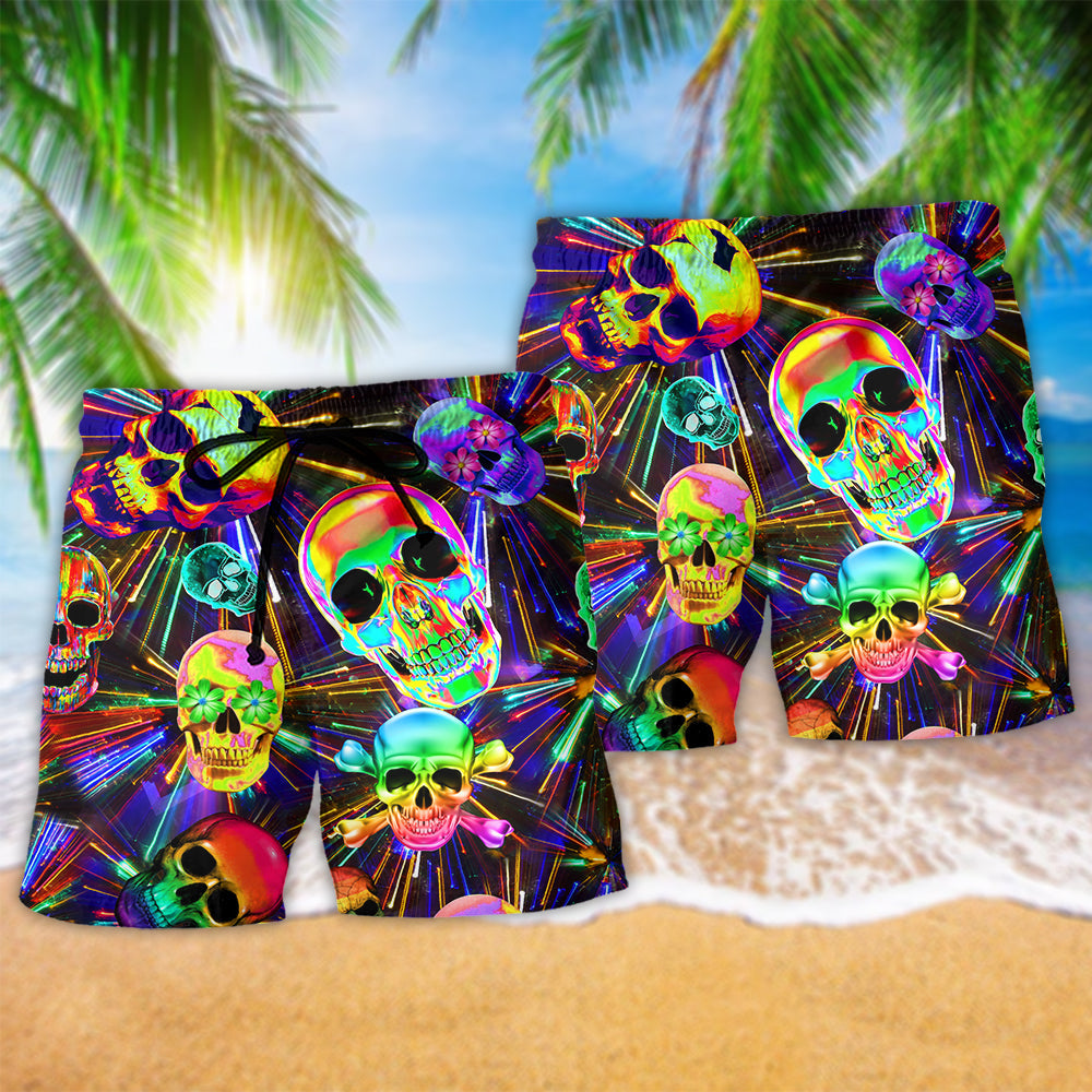 Happy Smiling Skull Colorful Beach Shorts Pattern View For Resort Days And Outdoor Activities