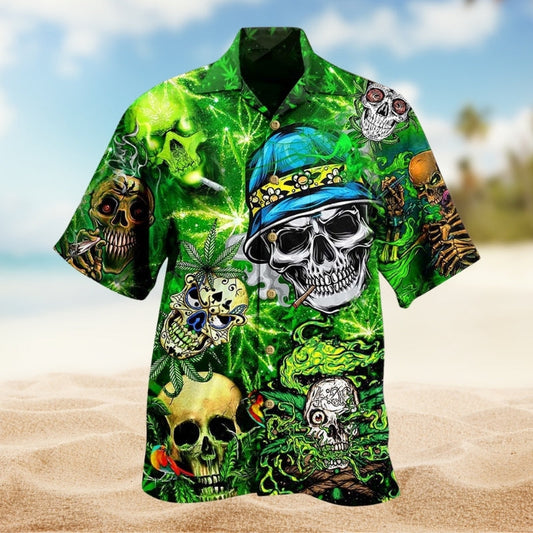 Skull Green Hawaiian Shirt For Creative Adventures, Beach Travel, And Bold Warm Weather Wear