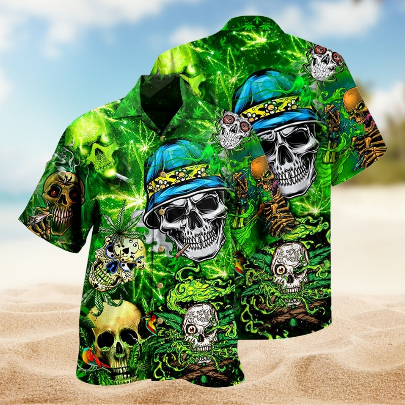 Skull Green Hawaiian Shirt For Creative Adventures, Beach Travel, And Bold Warm Weather Wear