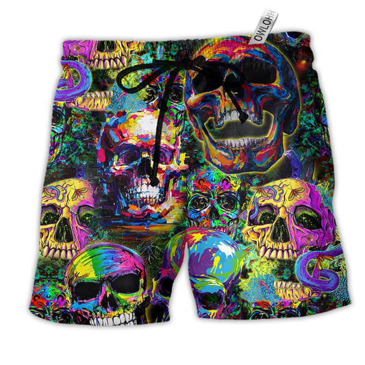 Skull Smiley So High Hawaiian Print Beach Shorts For Coastal Trips And Outdoor Wear