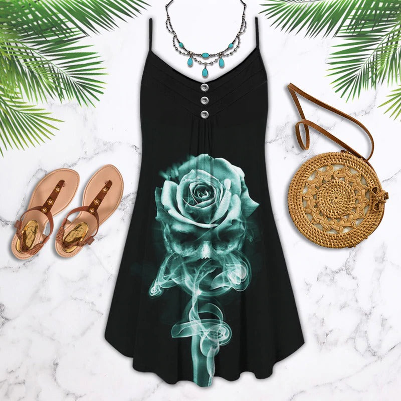 Skull Smoke Rose Skull V-Neck Sleeveless Cami Dress For Weekend Parties And Distinctive Outfits