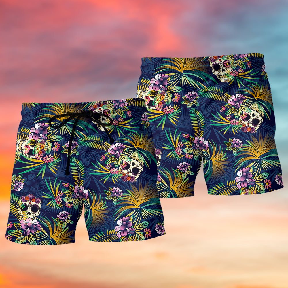 Skull Tropical Leaves Playful Beach Shorts Artwork Detail For Coastal Festival Trips