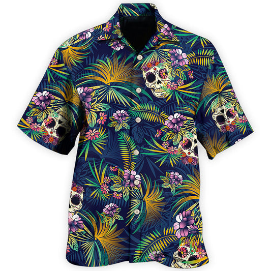 Creative Floral Skull Contrast Hawaiian Shirt For Beach Days, Summer Outings, And Thoughtful Gift Giving