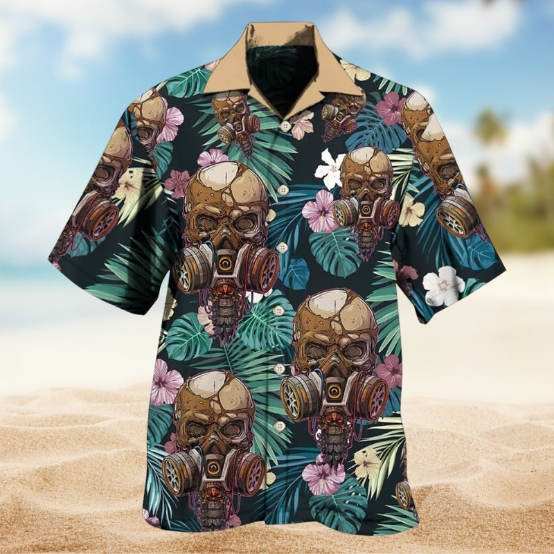 Vintage Skull Hawaiian Shirt For Summer Road Trip, Tropical Holiday, And Coastal Casual Wear