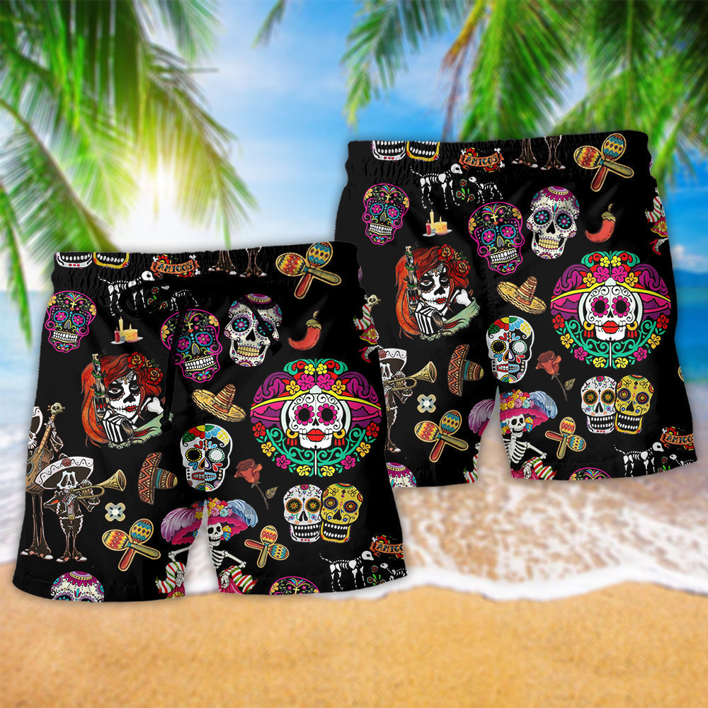 Sugar Skull Calavera Western Beach Shorts Pattern Detail For Weekend Travel And Laid Back Daily Wear