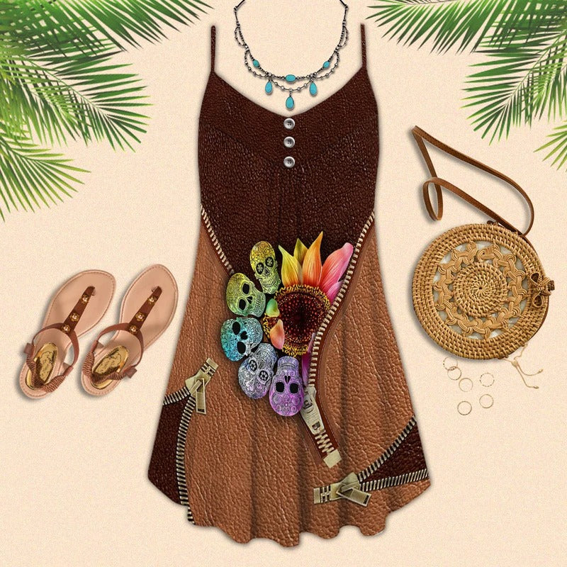 Sugar Skull Sunflower Leather V-Neck Sleeveless Cami Dress For Travel And Expressive Warm Weather Fashion