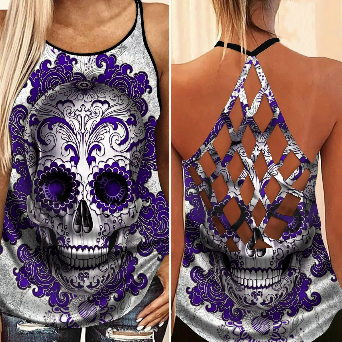 Skull Lady Hollow Tank Top For Summer Adventures And Relaxed Style