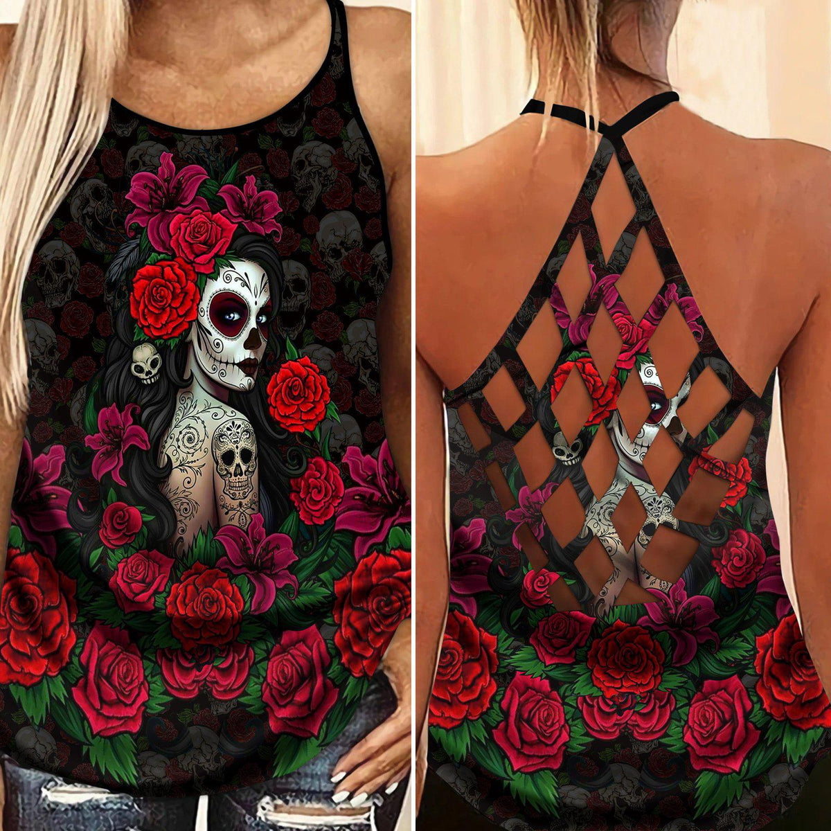 Skull Lady Hollow Tank Top For Workout Classes And Weekend Wear