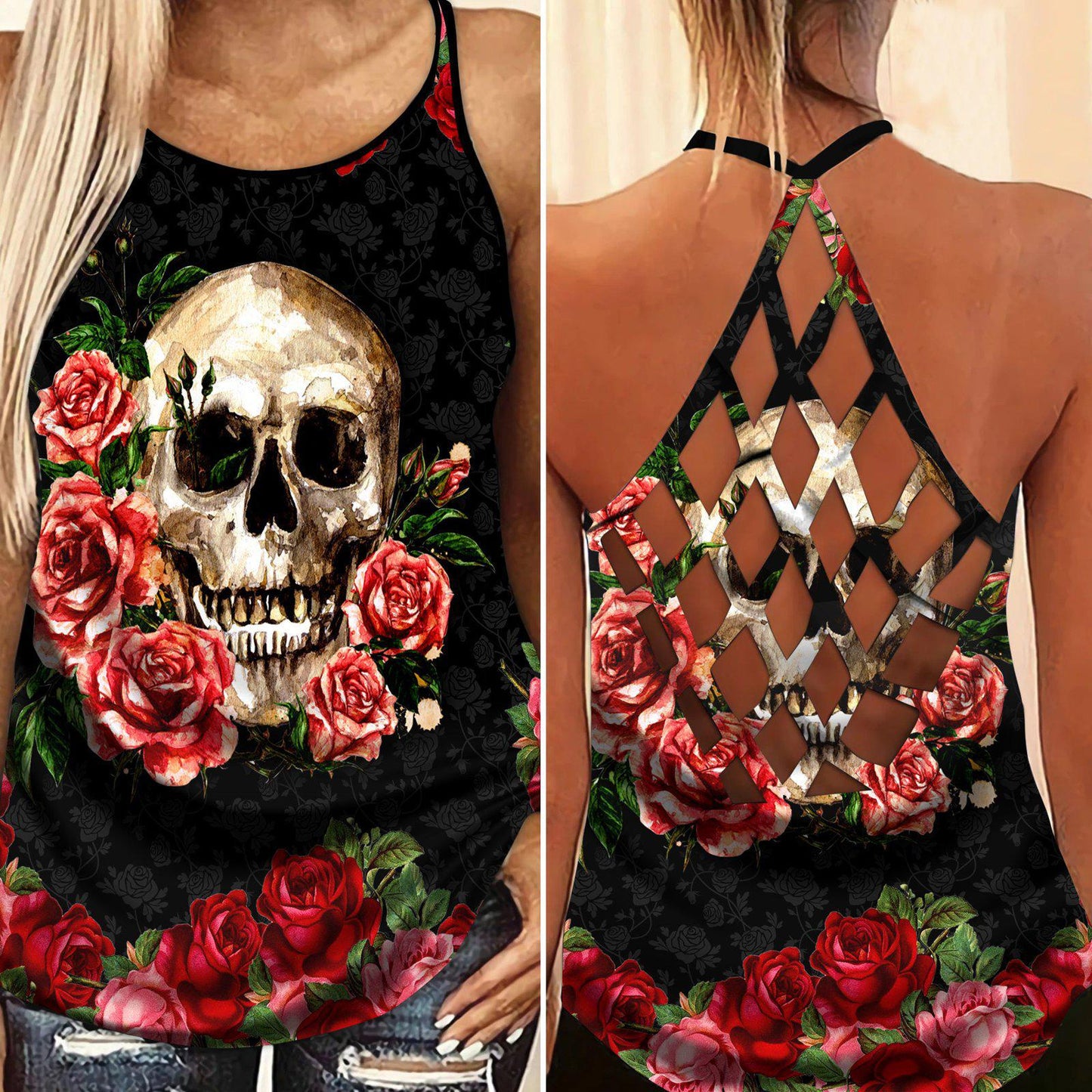 Skull Lady Hollow Tank Top For Outdoor Activities And Casual Style
