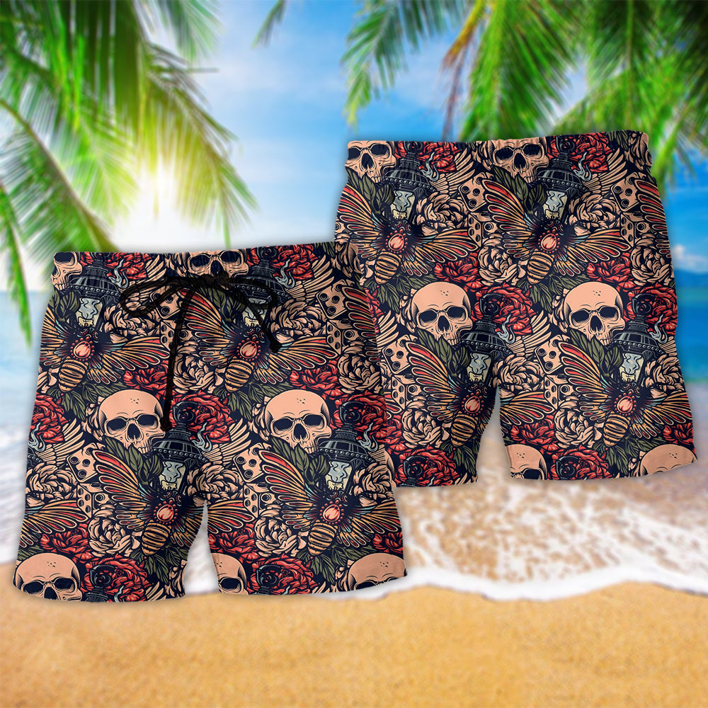 Floral Skull Tattoo Beach Shorts Pattern Detail For Casual Outings And Comfortable Resort Style