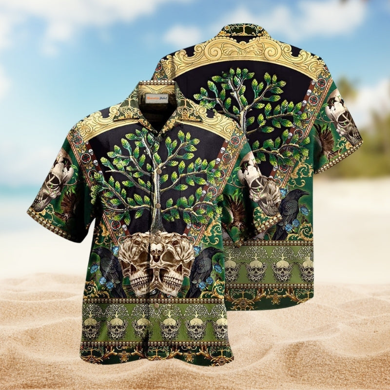 Skull Trees Style Love Green Hawaiian Shirt For Summer Vacation Beach Travel And Relaxed Casual Wear