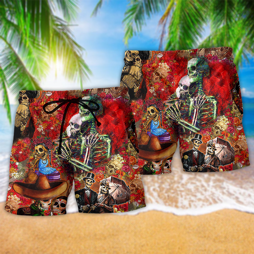 Skull Eternal Love Floral Beach Shorts Pattern View For Resort Days And Outdoor Activities