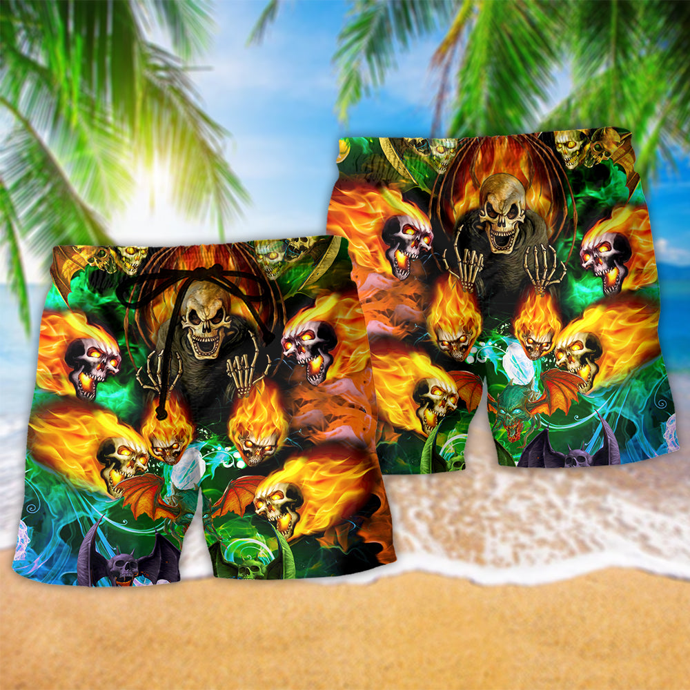 Bat Wing Skull Fire Beach Shorts Pattern Detail For Island Trips And Travel Ready Comfort
