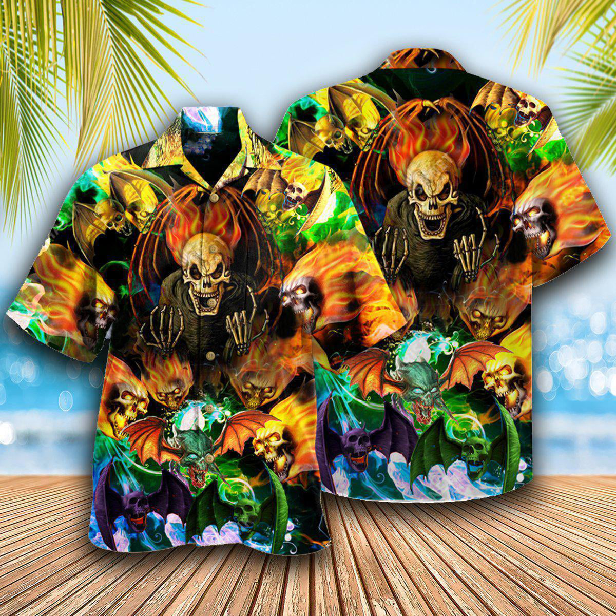 Skull And Bat Hawaiian Shirt With All Over Print For Tropical Escapes Resort Wear And Outdoor Celebrations