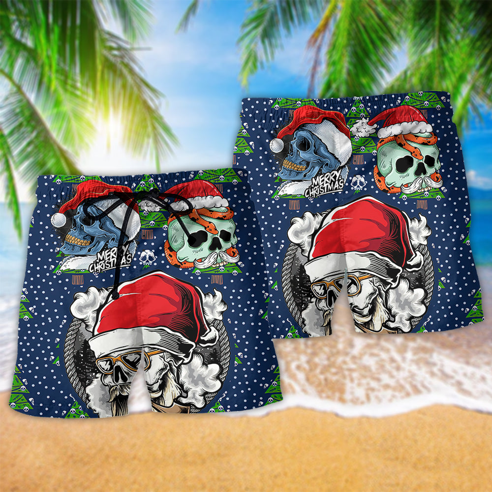 Christmas Skull Santa Hat Beach Shorts Pattern Detail For Casual Summer Plans And Easygoing Coastal Style