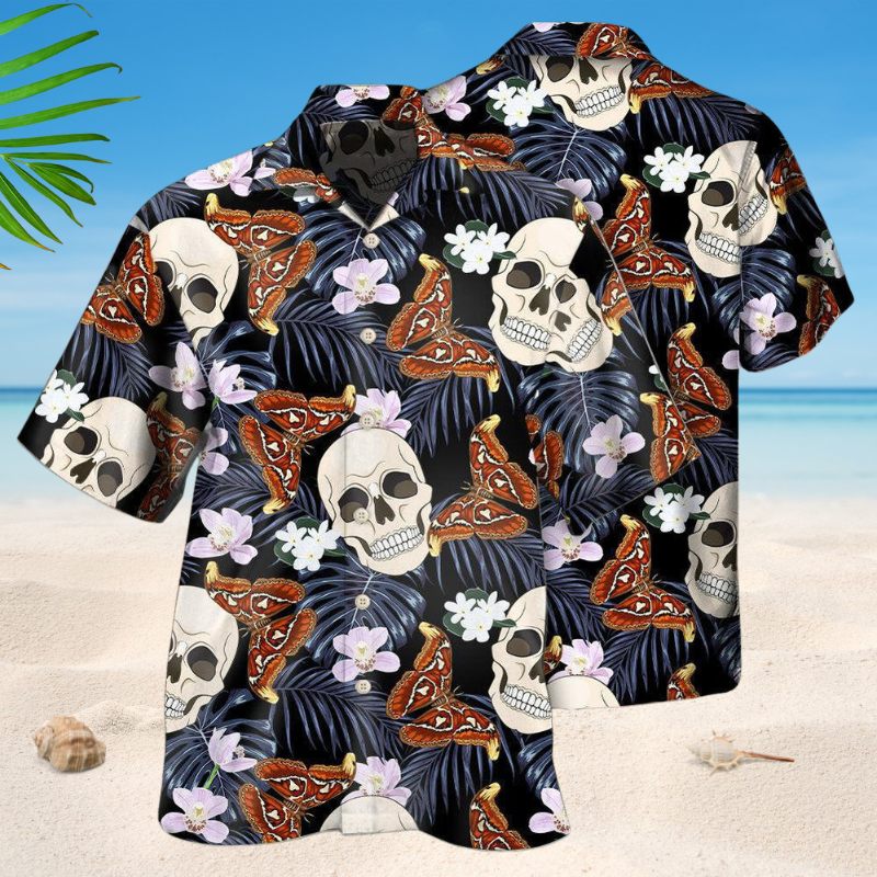 Tropical Skull Moths Hawaiian Shirt For Beach Days, Summer Outings, And Thoughtful Gift Giving