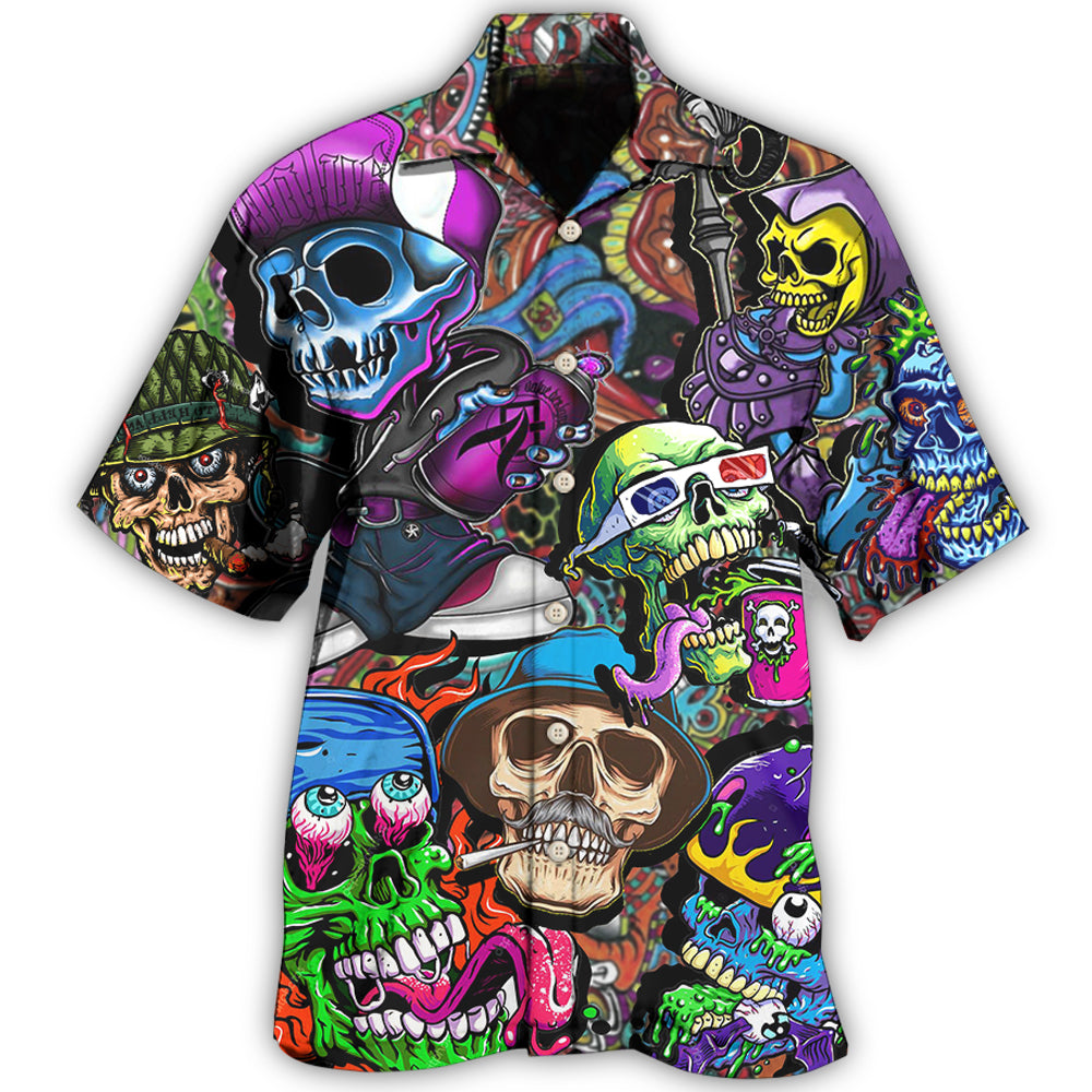 Creative Colorful Skull Pattern Hawaiian Shirt For Creative Adventures, Beach Travel, And Bold Warm Weather Wear