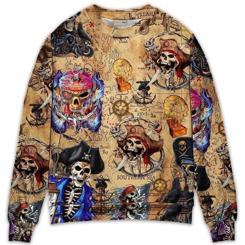 Skull Pirate Treasure Map Adventure Sweater For Casual Wear Parties And Thoughtful Gifting