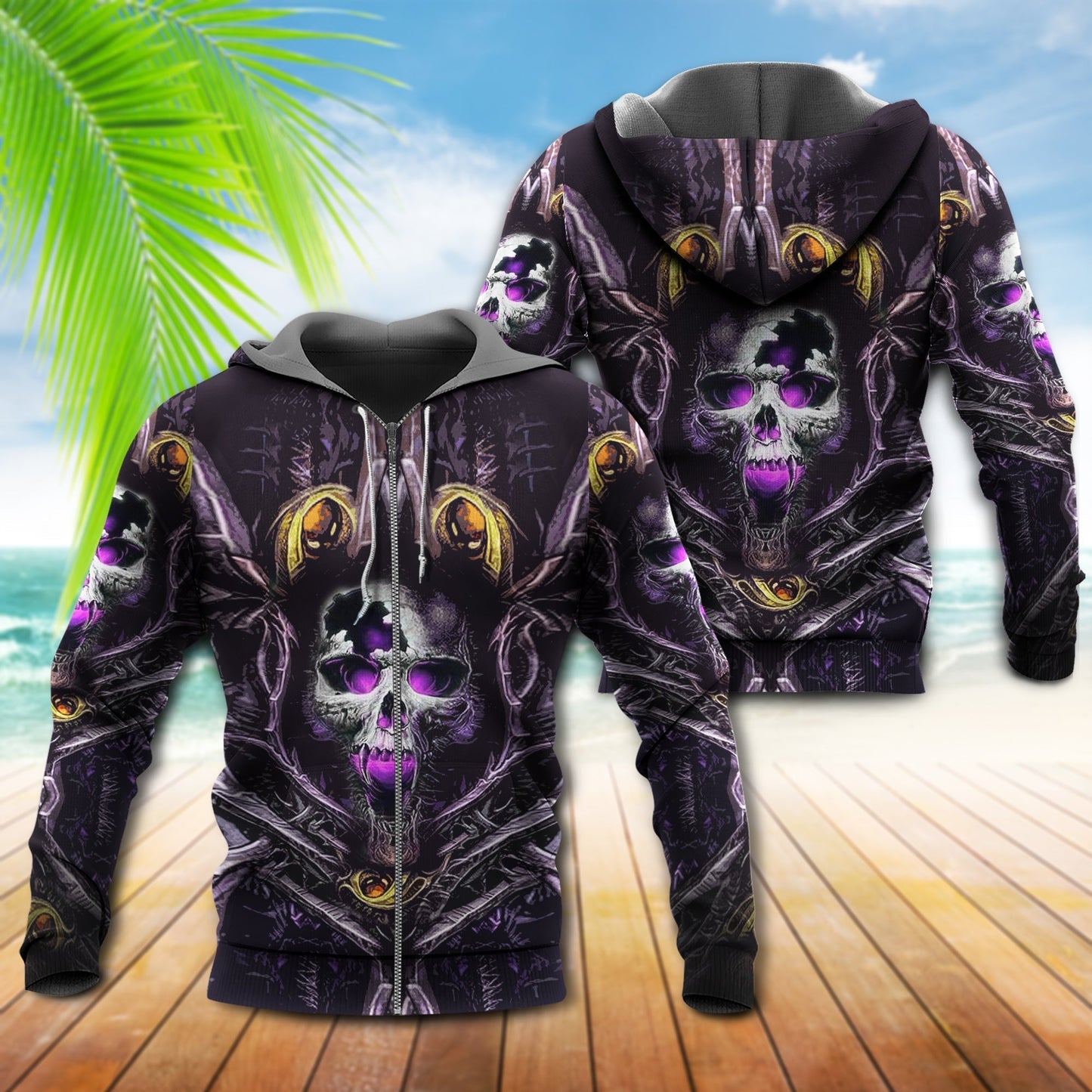 Purple Yellow Skull Hoodie For Gothic Streetwear Night Events And Bold Everyday Style