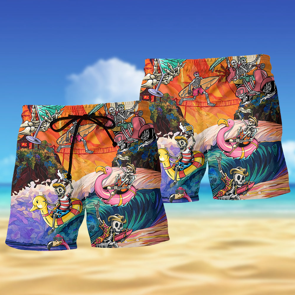 Colorful Skull Wave Beach Shorts Pattern Detail For Outdoor Activities And Bright Seasonal Outfits