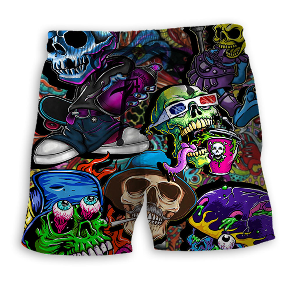 Colorful Skull Artistic Beach Shorts For Beach Trips And Relaxed Vacation Styling