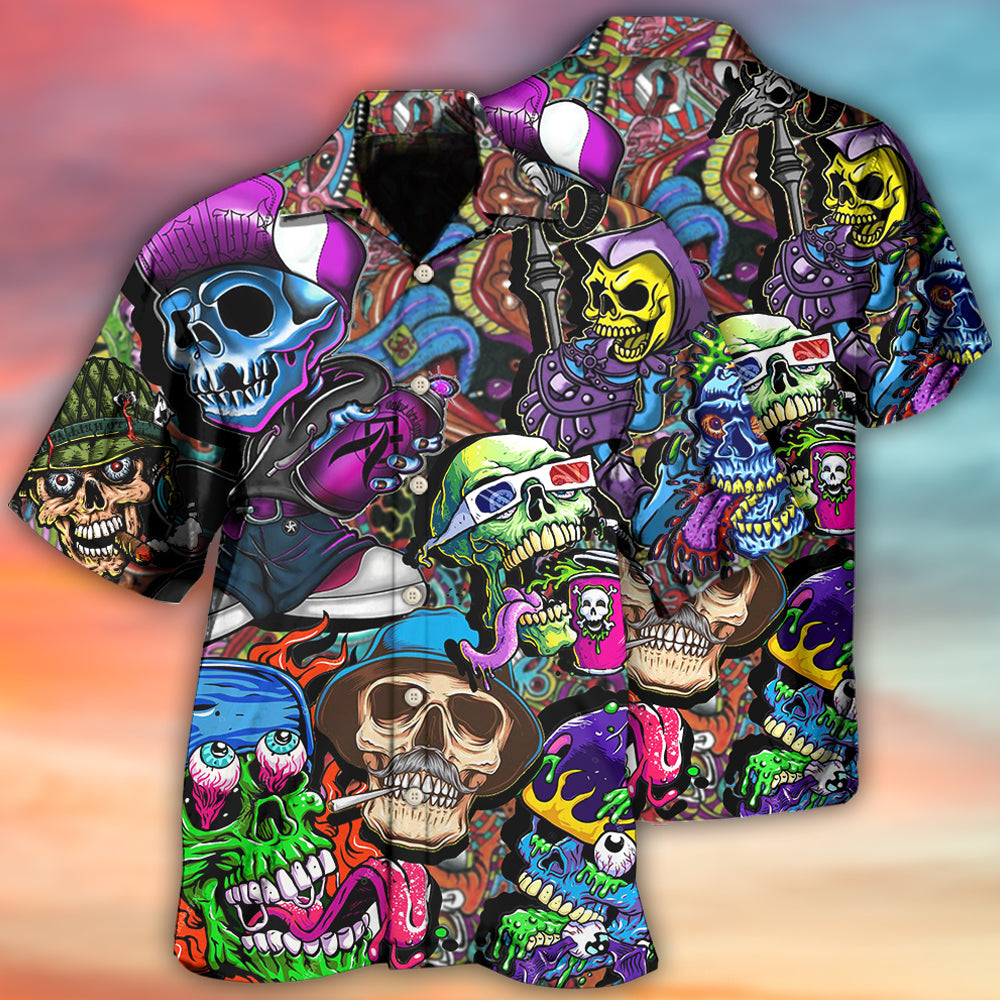 Colorful Skull Hawaiian Shirt With All Over Print For Coastal Vacations Warm Weather Events And Daily Style