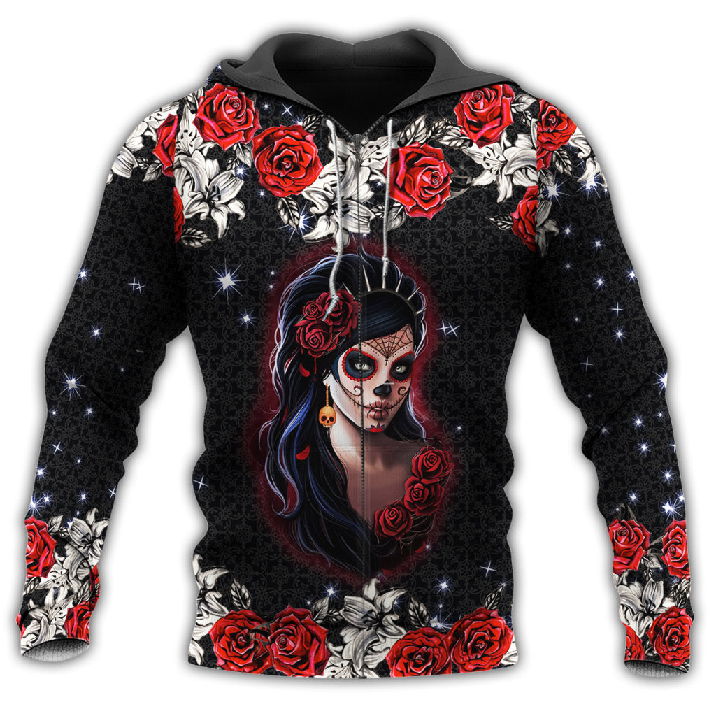 Red Skull Girl Rose Hoodie For Dark Art Enthusiasts Weekend Outings And Thoughtful Gifting