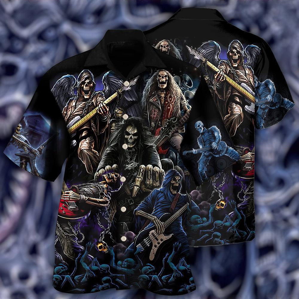 Guitar And Skull Hawaiian Shirt With All Over Print For Summer Events Coastal Travel And Comfortable Styling
